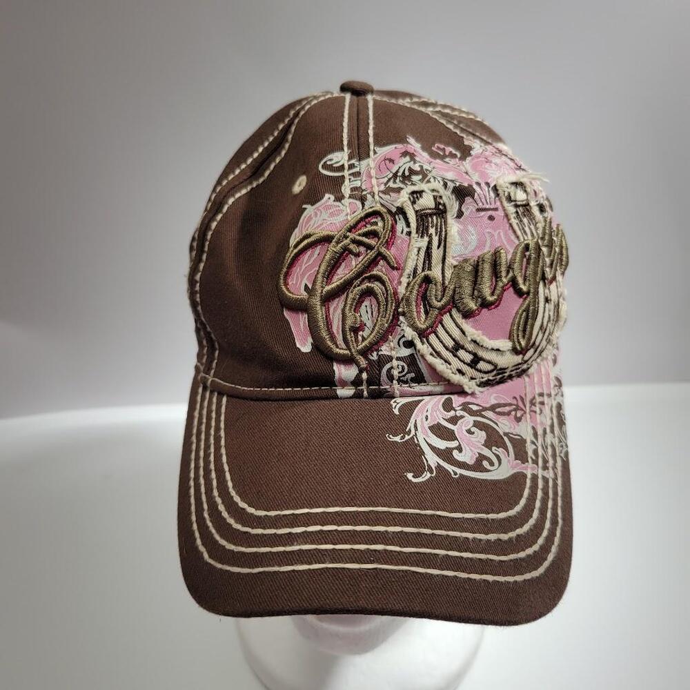 Cowgirl Hat Cap Adjustable Womens One Size Brown Pink Western Floral Embroidered